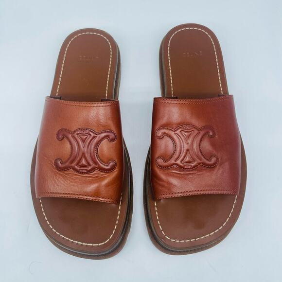 Celine Clea Triomphe Stamped brown/ Cognac leather slide sandals EU 40 US 10 - Picture 1 of 8